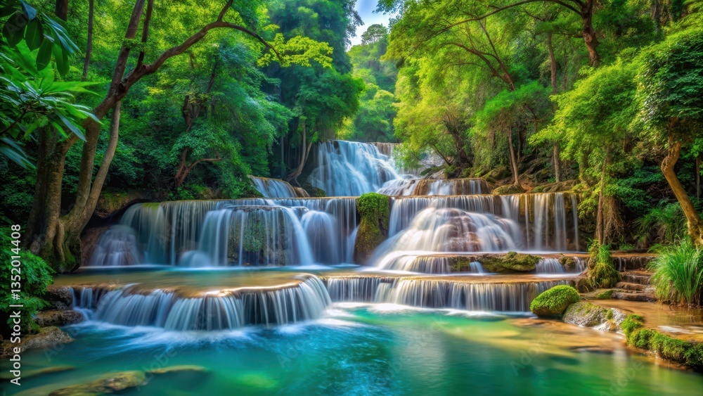 Naklejka premium Dense foliage and vibrant greenery surrounding a serene cascading waterfall in Pak Khlong , tropical plants, natural wonder
