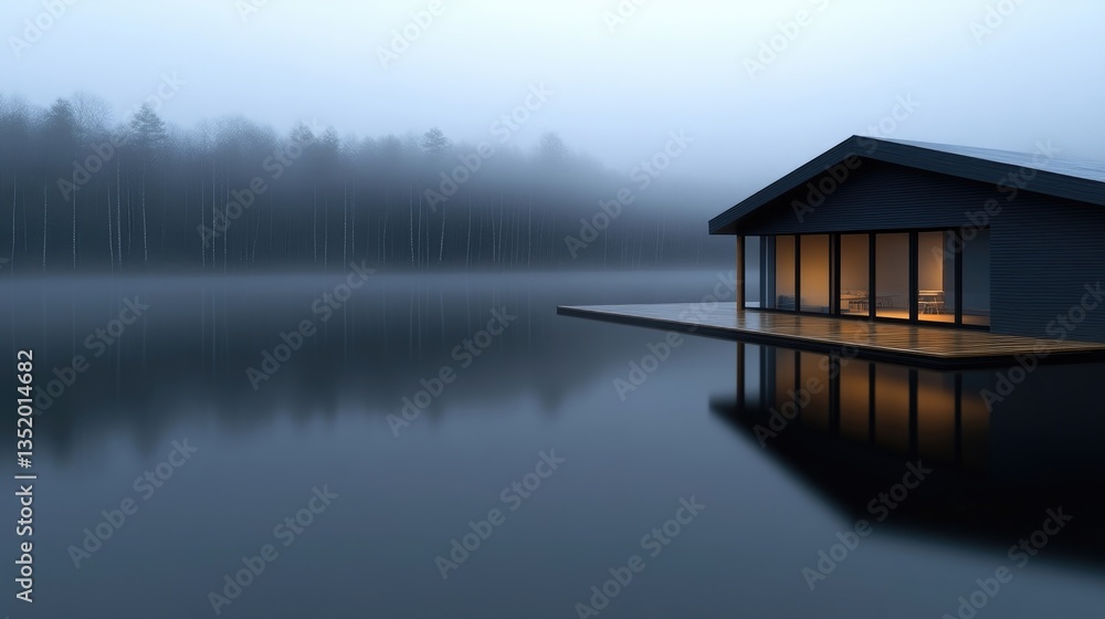 Misty Lakeside Cabin. Modern house on a serene lake, bathed in soft light. Fog envelops the surrounding forest Misty Lakeside Cabin. Modern house on a serene lake, bathed in soft light. Fog envelops the surrounding forest