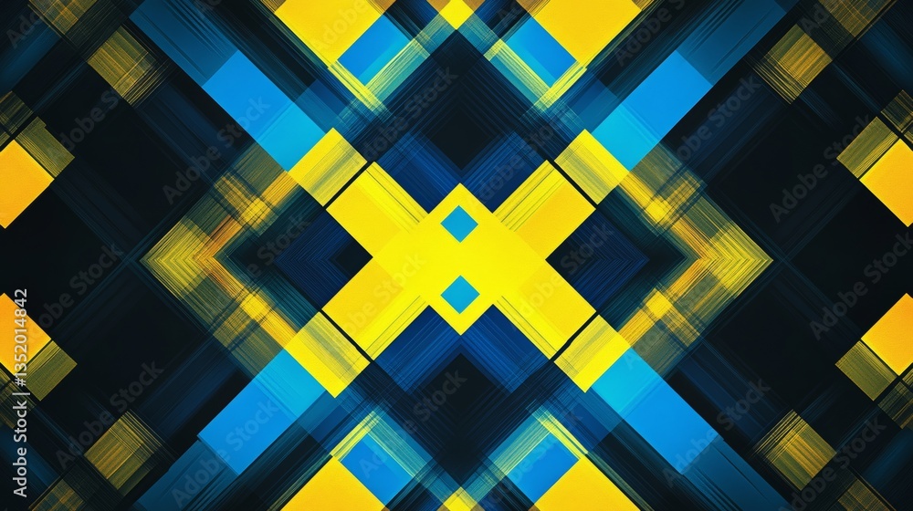 Abstract geometric artwork featuring vibrant yellow, blue, and dark teal hues. Bold intersecting lines and brushstrokes create a dynamic, symmetrical design. Abstract geometric artwork featuring vibrant yellow, blue, and dark teal hues. Bold intersecting lines and brushstrokes create a dynamic, symmetrical design.