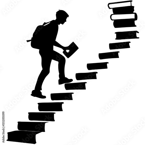 Silhouette Student Climbing Book Stairs Education Success Vector Illustration
