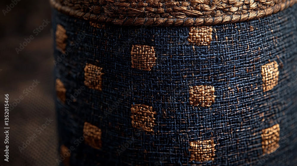 Close-up of navy blue fabric with gold dots and brown trim.