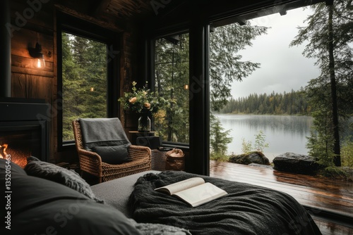 Situated in a rainy summer region, this cozy modern cabin features a wicker chair by the fireplace. The room has large windows overlooking a serene lake and lush summer forest.