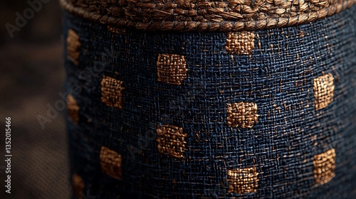 Obraz na płótnie Close-up of navy blue fabric with gold dots and brown trim. w salonie