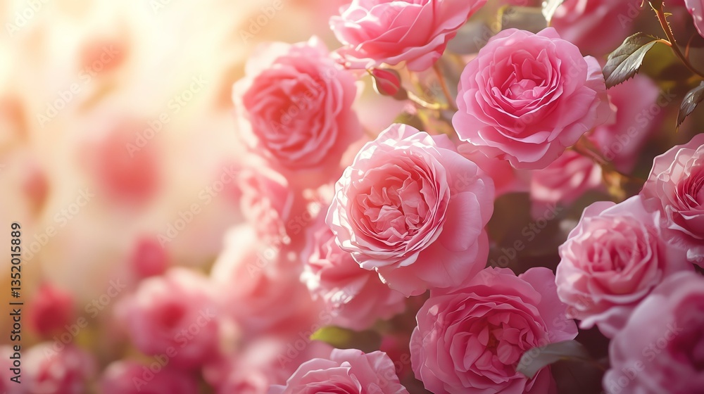 Obraz premium Lush pink roses with dreamy effect. Sweet color roses flowers in pastel tone with blurred style for background pattern texture. Beautiful pink roses in soft sunlight.