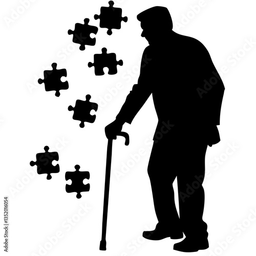 Elderly Man Silhouette with Puzzle Pieces Symbolizing Dementia Awareness