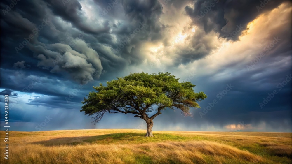 Obraz premium A lone tree stands strong against the fierce stormy weather, its branches swaying violently in the wind