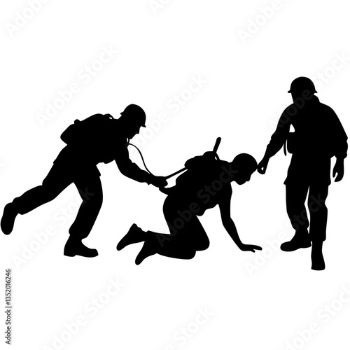 Military Soldiers Assisting Wounded Comrade in Battlefield Silhouette Vector
