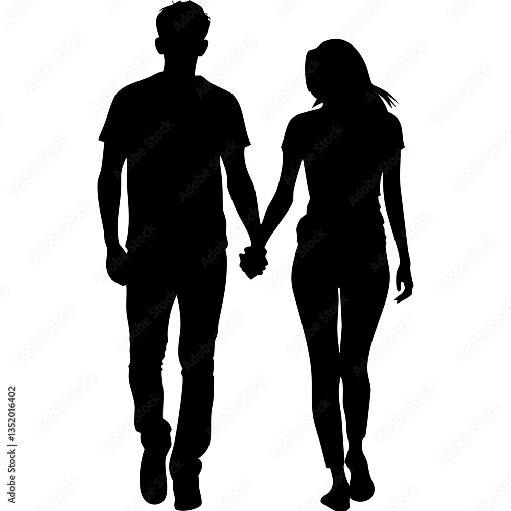 Silhouette Couple Holding Hands Romantic Walking Vector Art for Love Illustrations