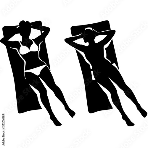 Vector Silhouette Relaxing Women Sunbathing Beach Illustration for Design