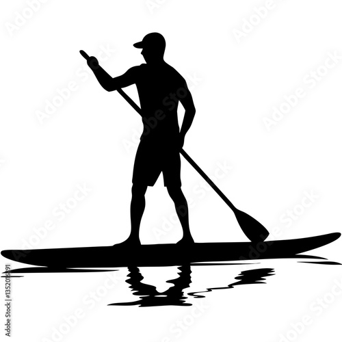 Silhouette of Man Stand Up Paddleboarding on Calm Water Vector Illustration