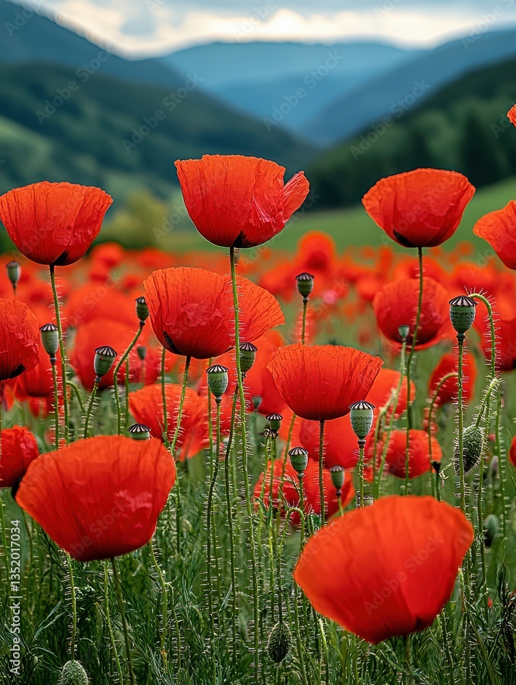 Obraz premium Vibrant Red Poppies in a Rolling Meadow