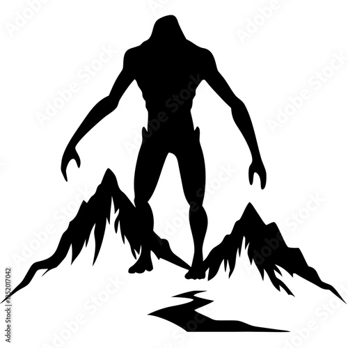 Headless Monster Silhouette Over Mountain Landscape Vector Design for Tattoo or Poster Art
