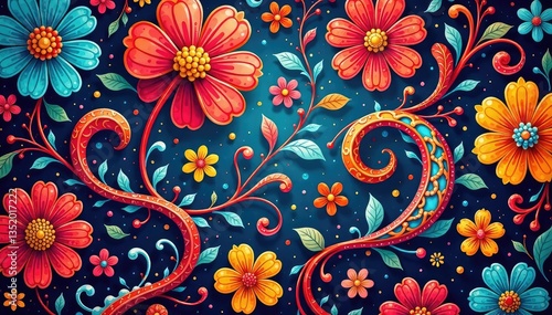 Intricate swirling floral paisley pattern in vibrant hues, illustration, vintage, vector