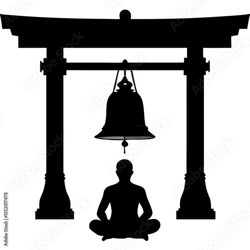 Meditation Silhouette Under Temple Gate and Bell Vector for Spiritual Design