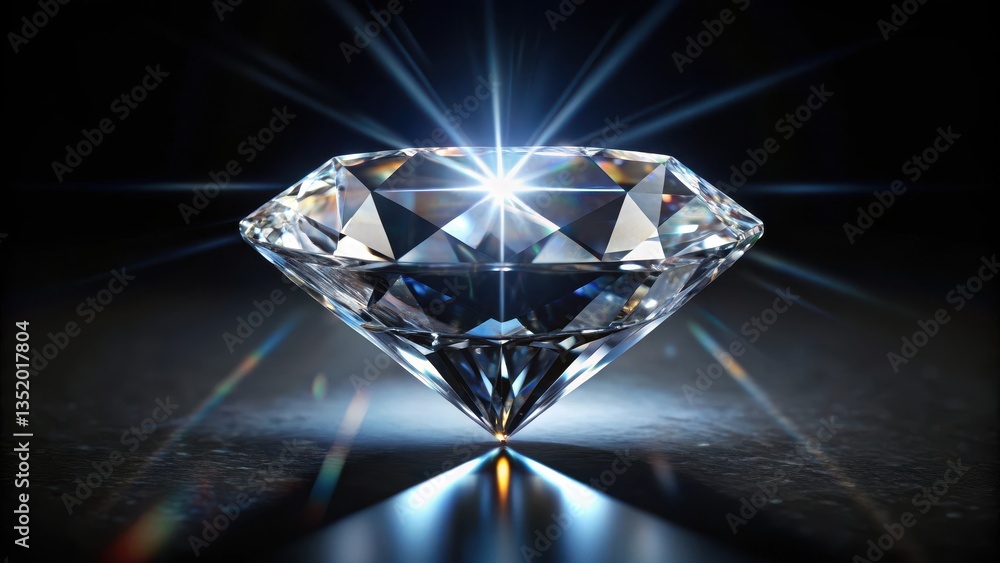 A large diamond with deep facets glitters on a sleek black background A large diamond with deep facets glitters on a sleek black background