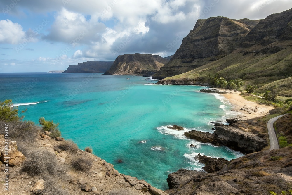 Secluded paradise cove nestled between dramatic volcanic cliffs, showcasing vibrant turquoise waters and a pristine sandy beach under a partly cloudy sky. Secluded paradise cove nestled between dramatic volcanic cliffs, showcasing vibrant turquoise waters and a pristine sandy beach under a partly cloudy sky.