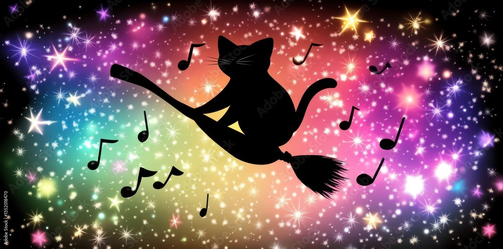 A black cat rides a broom through a starry night sky A black cat rides a broom through a starry night sky