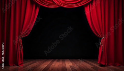 Red Curtain Opening on Stage against black background for stage show and cinema theater , a red carpet show with red curtains set for award show or ceremony created with generative ai 