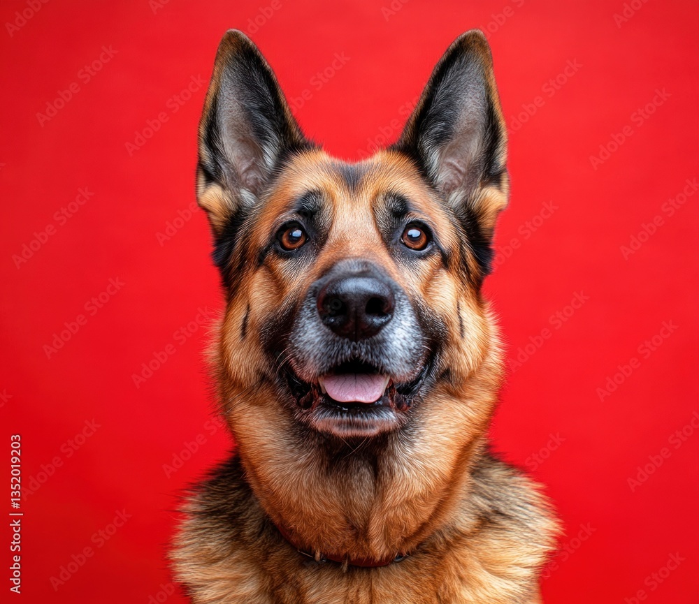 German Shepherd Portrait with Red Background in Studio Photography German Shepherd Portrait with Red Background in Studio Photography