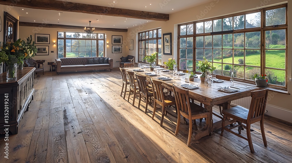 Fototapeta premium Sunlit rustic dining room with long wooden table, ample seating, and scenic views.