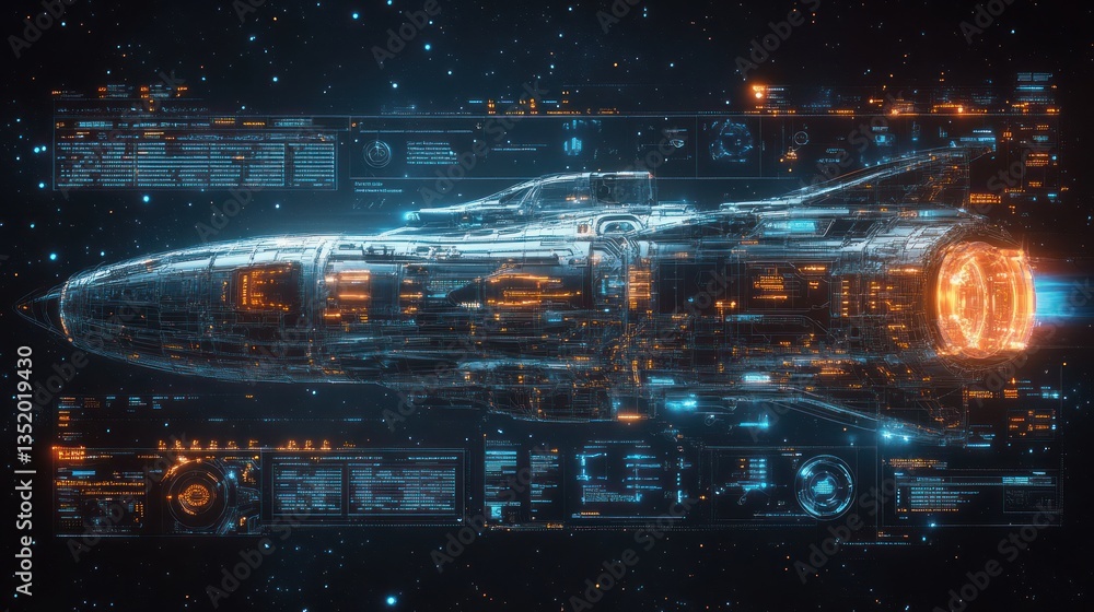 Obraz premium Futuristic Spaceship: A digital rendering of a sleek, high-tech spaceship, glowing with vibrant orange and blue energy signatures against a backdrop of stars.