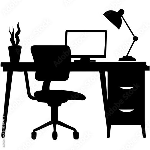Modern Office Desk Workspace Silhouette Vector for Home Office Design