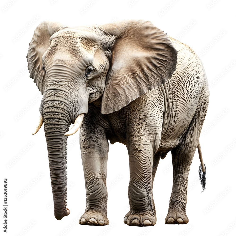 Fototapeta premium A massive, well-built elephant with a thick grey wrinkled hide and long trunk stands in a realistic side-view portrait, full body on a white background, with large floppy ears, dark eyes, and a calm, 
