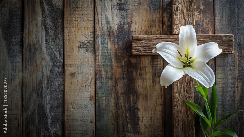 Pure Elegance: A White Lily Blooming Against a Rustic Wooden Background Pure Elegance: A White Lily Blooming Against a Rustic Wooden Background