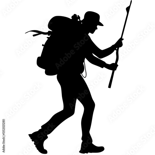 Silhouette of Adventurous Backpacker Trekking with Hiking Stick