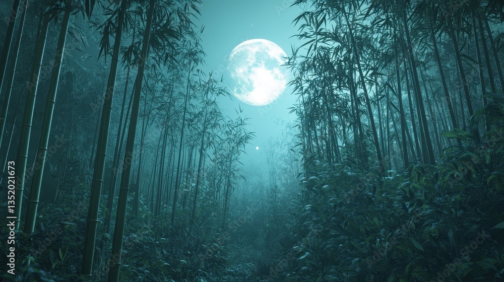 Moonlight illuminates a bamboo forest at night with fog present