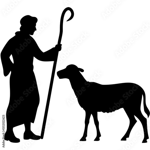 Silhouette of Shepherd Holding Staff with Sheep for Rustic Design Projects