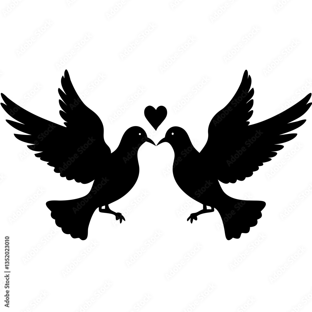Fototapeta premium Romantic Doves Silhouette with Heart Symbol Vector Illustration for Valentines and Wedding Designs