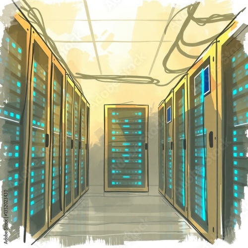 Server Room Illustration with Data Storage Racks and Network Cables