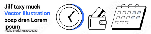 Clock showing time, wallet with credit card, and calendar for planning. Ideal for time management, financial planning, scheduling, productivity, organization business planning deadlines. Landing