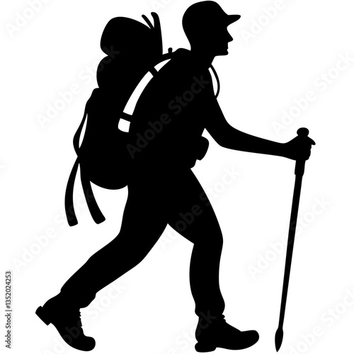 Silhouette of a Hiker with Backpack and Walking Stick for Outdoor Adventure Themes
