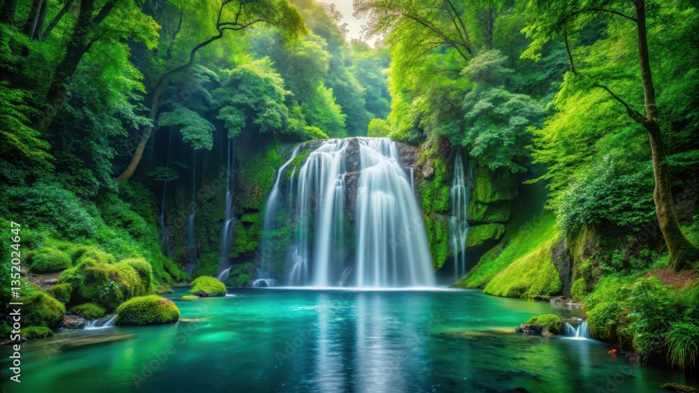 Obraz premium Tranquil waterfall cascades through a dense, emerald green forest, surrounded by tall trees and vibrant foliage , forest