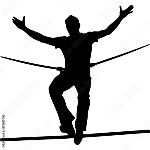Silhouette of Balancing Tightrope Walker Performing High Wire Acrobatics