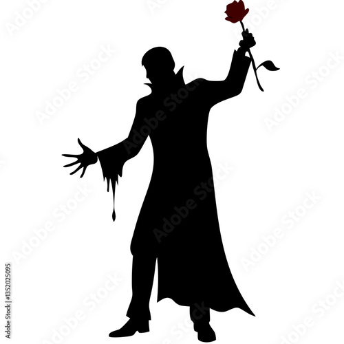 Dark Silhouette of Mysterious Figure Holding Red Rose for Halloween Design