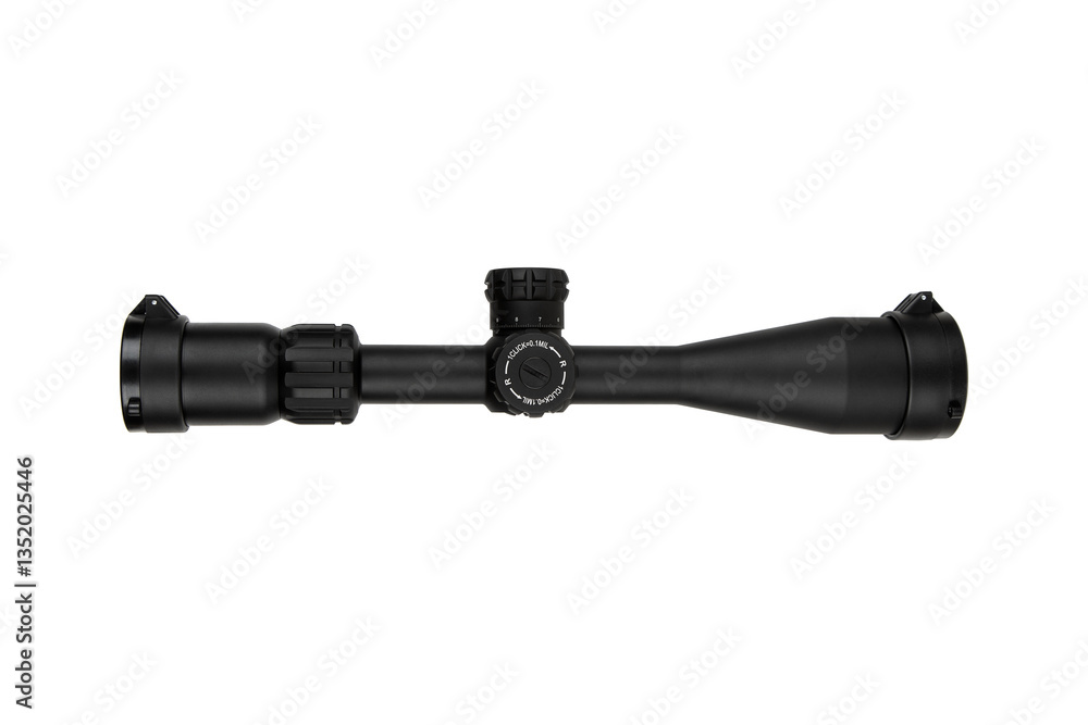 A black rifle scope with adjustment knobs and lens covers for precision shooting. A black rifle scope with adjustment knobs and lens covers for precision shooting.
