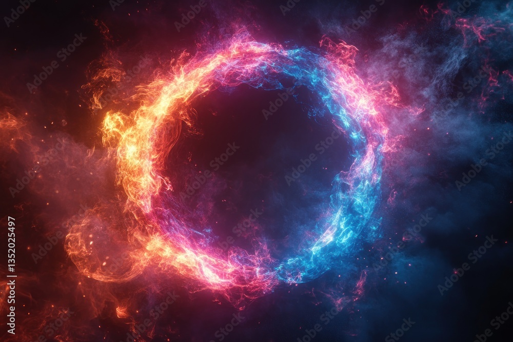 Obraz premium Vibrant Fiery Ring with Blue and Pink Flames on Black Background