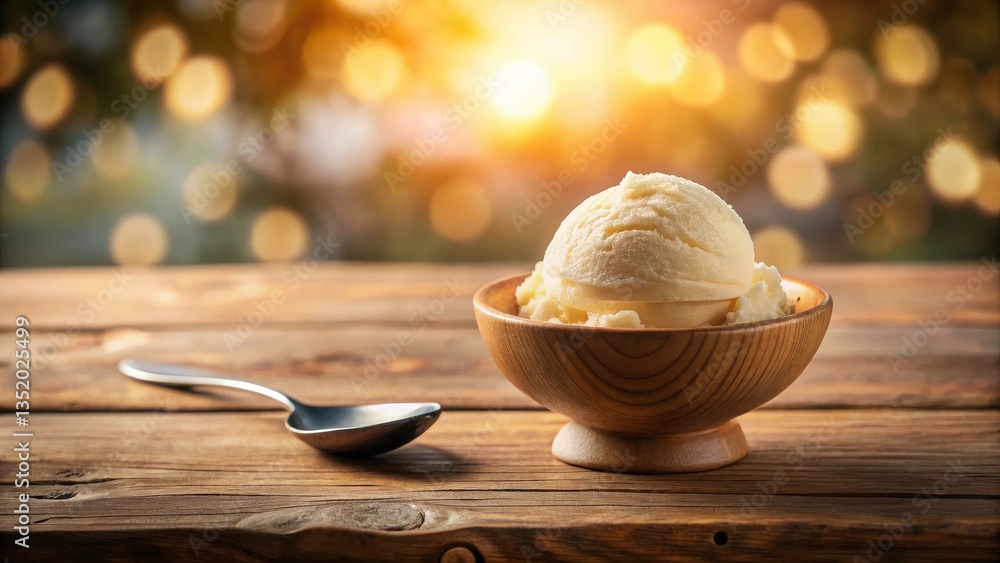 Creamy vanilla ice cream sitting atop a wooden table with a small bowl and spoon on the side, surrounded by a subtle blurred background, smooth surface, frozen treat Creamy vanilla ice cream sitting atop a wooden table with a small bowl and spoon on the side, surrounded by a subtle blurred background, smooth surface, frozen treat