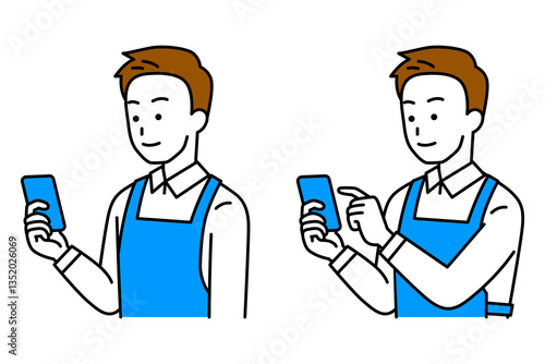 スマートフォンの画面を見るエプロン姿の男性のセット（見る/操作）