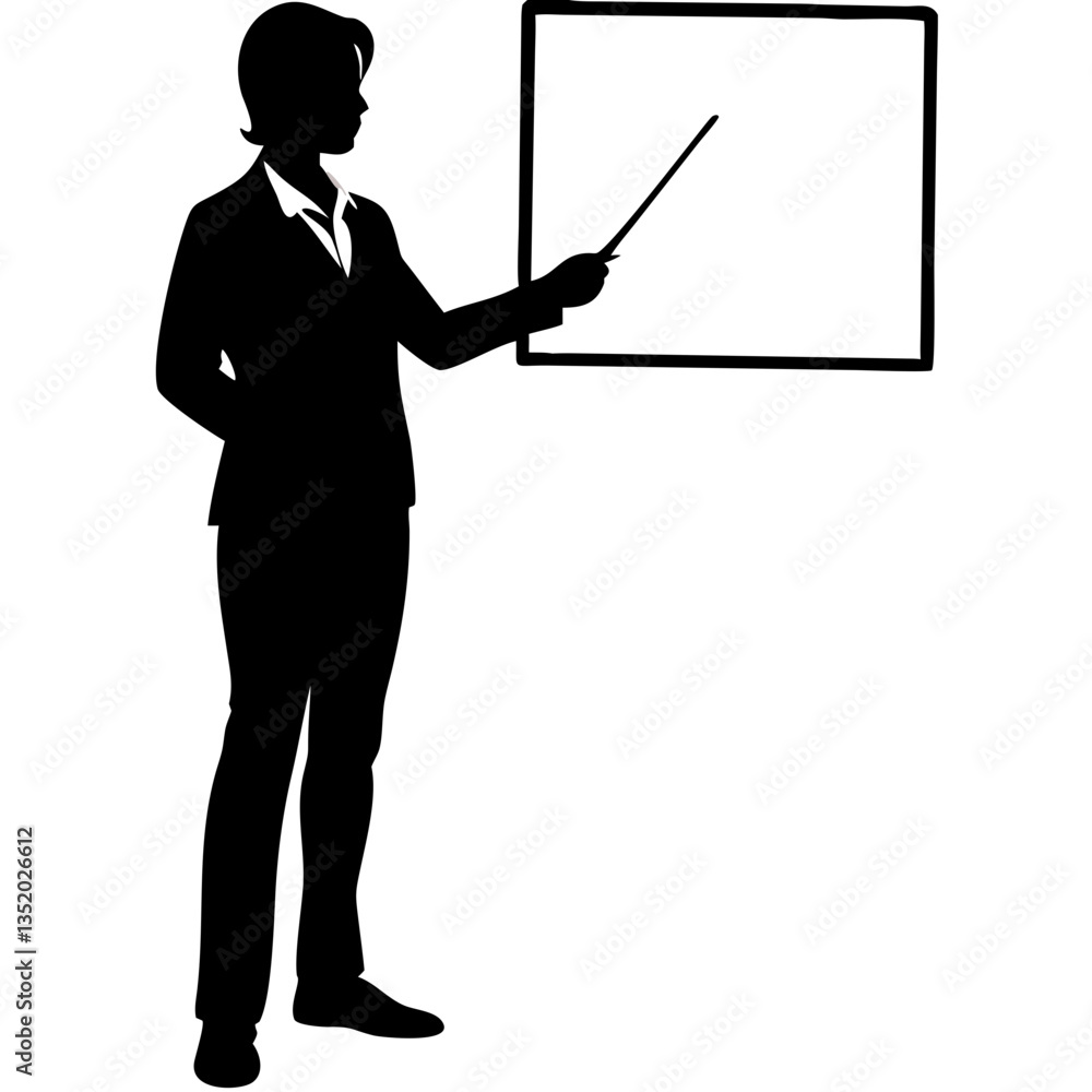 Businesswoman Silhouette Presenting with Pointer at Blank Board Vector Illustration Businesswoman Silhouette Presenting with Pointer at Blank Board Vector Illustration