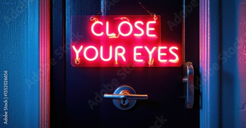 Wallpaper Mural Neon close your eyes sign buzzing in flickering red outside locked asylum door deep navy and bright silver symbolizing terrifying visions Torontodigital.ca
