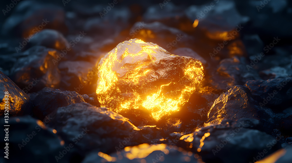 Glowing golden stone in black rocks Glowing golden stone in black rocks