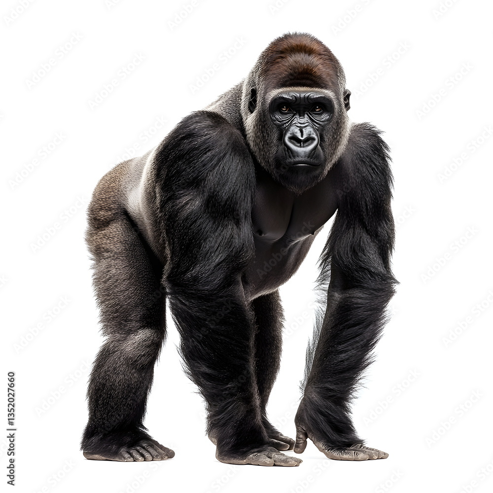A robust, well-muscled gorilla with a thick dark grey-black coat and broad head stands in a realistic side-view portrait, full body on a white background, with deep-set dark eyes and a calm, powerful A robust, well-muscled gorilla with a thick dark grey-black coat and broad head stands in a realistic side-view portrait, full body on a white background, with deep-set dark eyes and a calm, powerful