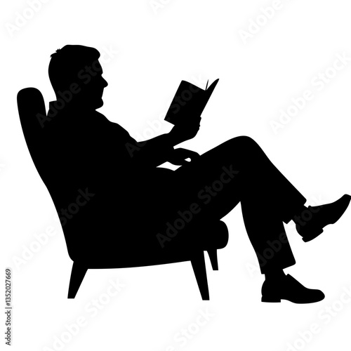 Silhouette of Relaxed Man Reading Book in Armchair Vector Illustration