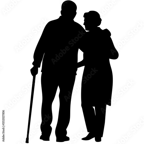 Senior Couple Silhouette Walking with Cane Elderly Caregiver Support Vector