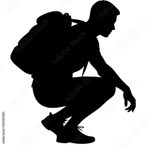 Silhouette of Backpacker Squatting Outdoor Adventure Vector for Graphics and Design