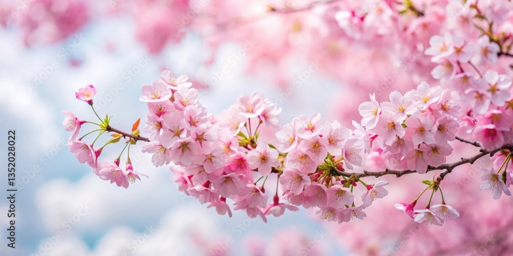 Delicate pink cherry blossom tree branches in full bloom against a soft white cloudy background , blossom tree, tree Delicate pink cherry blossom tree branches in full bloom against a soft white cloudy background , blossom tree, tree